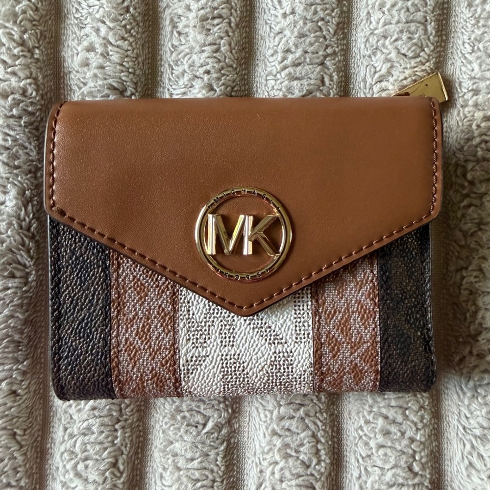 Michael Kors Carmen Small Tri-Fold Wallet Brown Logo Stripe 32T1GNME6O